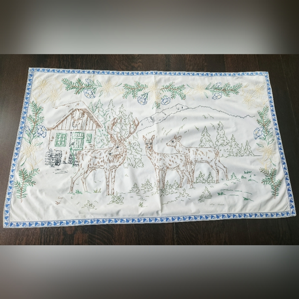 Antique🦌 Hand Embroidered Austrian Hunter Deer Elk Stag Scene Linen$79